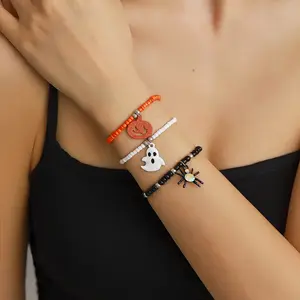 3-Pack Halloween Bracelet Set, Spooky Spider Ghost Pumpkin Beaded Jewelry, Adjustable Horror Theme Bracelets for Trick or Treat, Halloween Party Favor Gifts