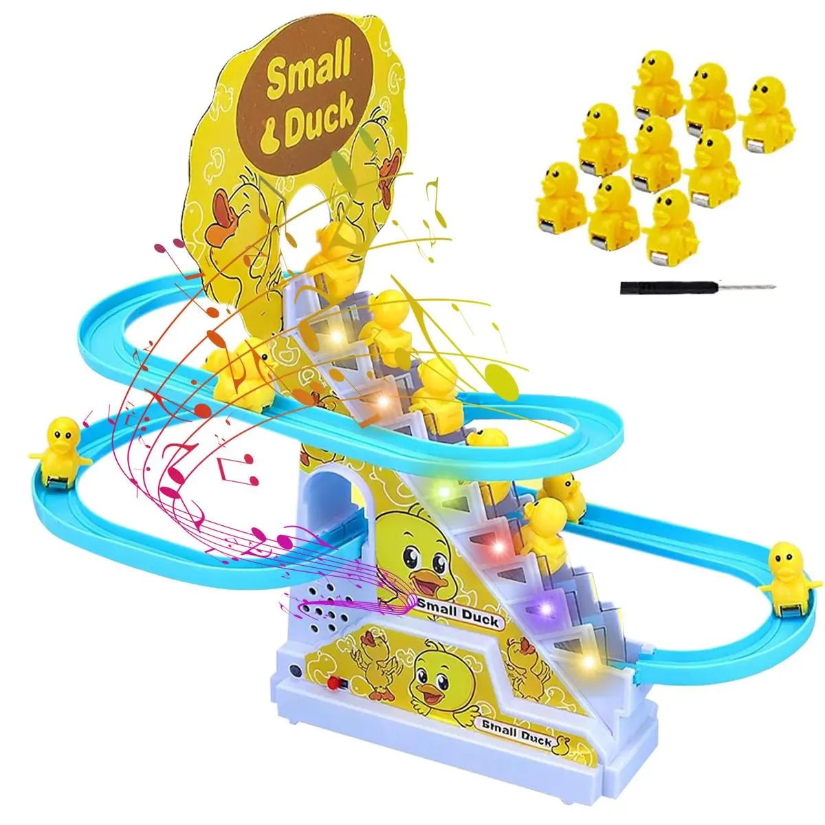 Ducks Chasing Race Track- 9Mini Ducks  Cars & Flexible Race Track Set, Ducks Climbing Slide Music Toy, Electric Ducks Roller Coaster with Light and Music Electric Race Track Game Fun Track Slide