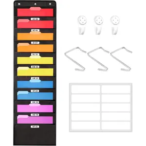 F-SBB50 10 Pockets Hanging Wall File Organizer, Black Storage Pocket Chart for File Folder and Paper, Space Saver for Office and Classroom, with Wall Hangers, Over The Door Hooks, Labels