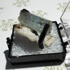Crystal : Mounted 0631 : Natural Aquamarine with Tourmaline inclusions and Feldspar, 5¾g, Namibia