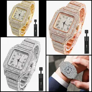 Iced Out Watch CZ Gold Plated 40mm Width Roman Numerals Dial Quartz Wristband Watch for Men Women