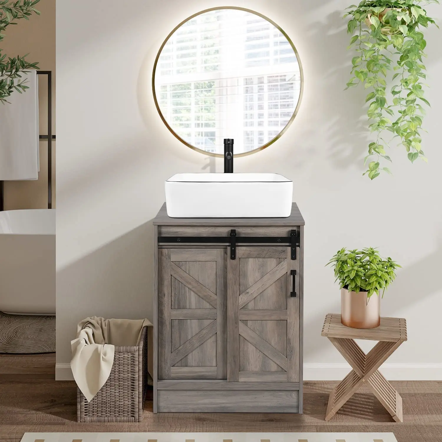 24 inch Bathroom Vanity, Barn Door Modern Wood Fixture Stand Bathroom Cabinet Vanity Without Sink BA015