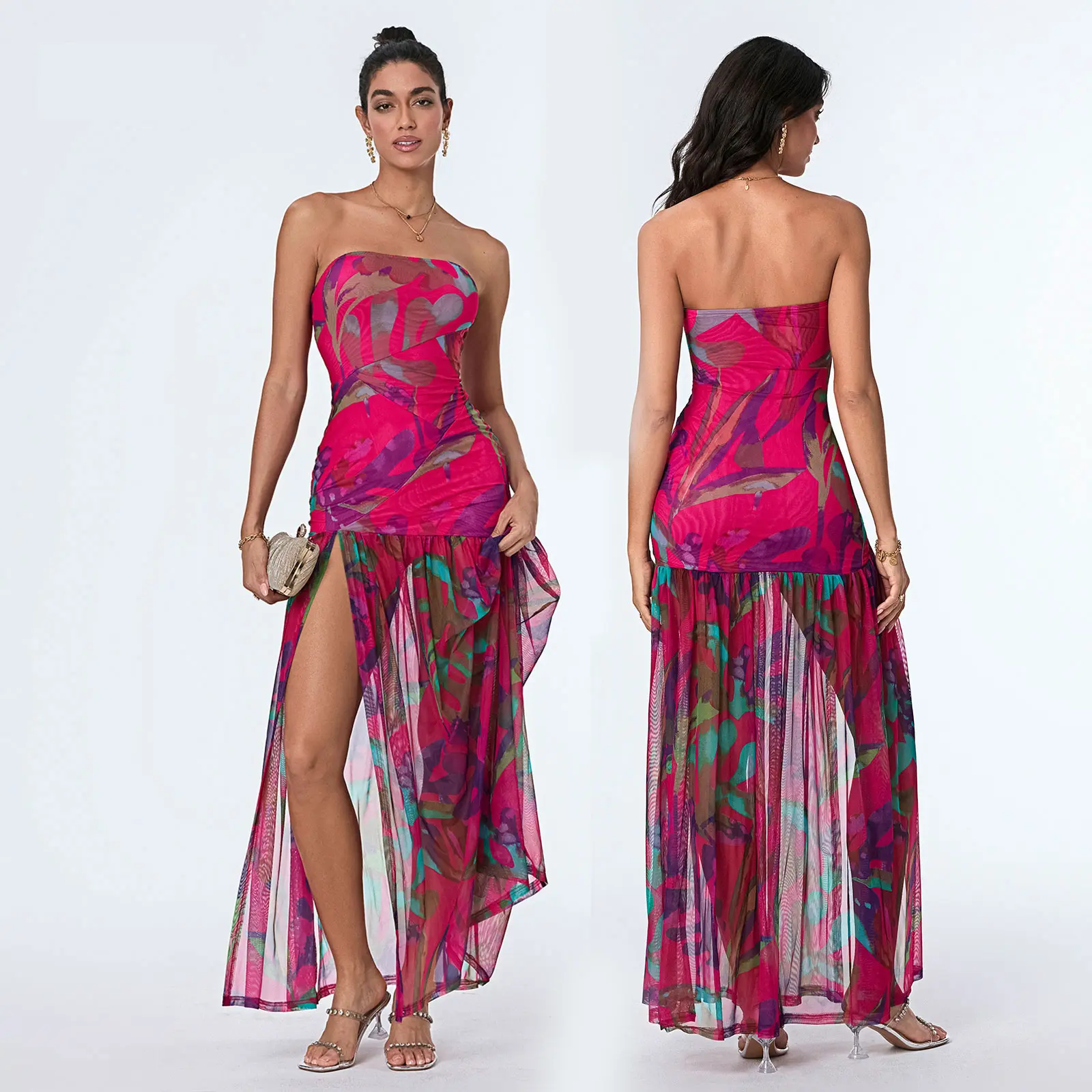 Women’s Tube Top Dress Strapless Backless Mesh Patchwork Tropical Leopard Print High Slit Long Dress for Street Vocation Woenwear，S/M/L/XL/XXL Size