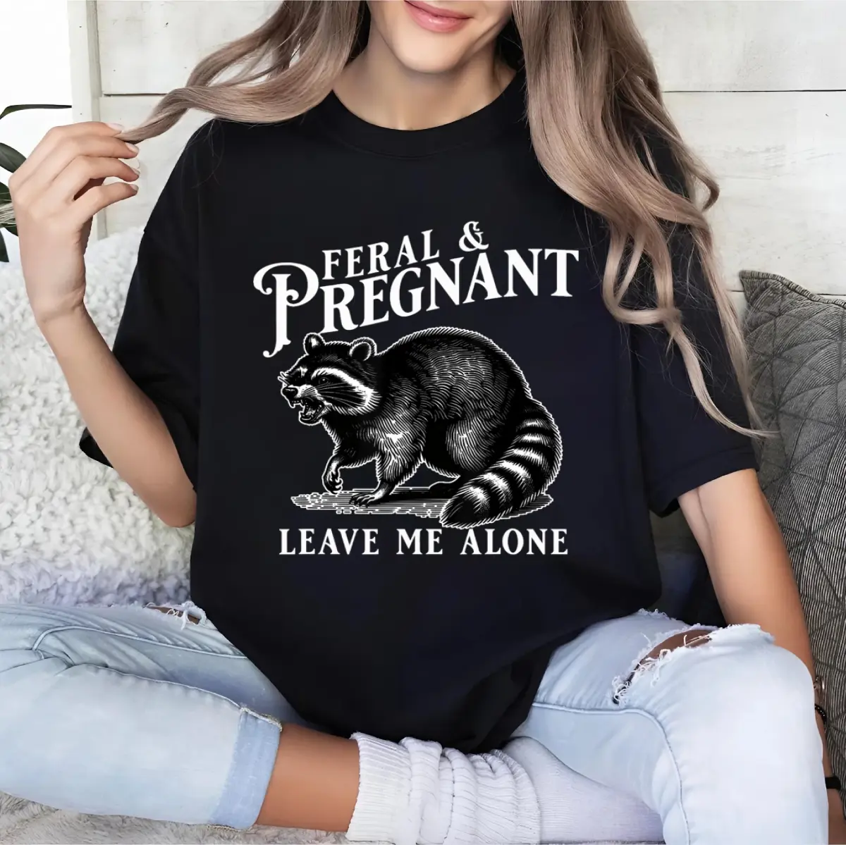 Women's Furry Feral Pregnant Raccoon Graphic T-Shirt - Soft Fabric Fashion Short-Sleeve Casual Cotton Maternity Apparel, Funny Mom Humor, Made In The USA