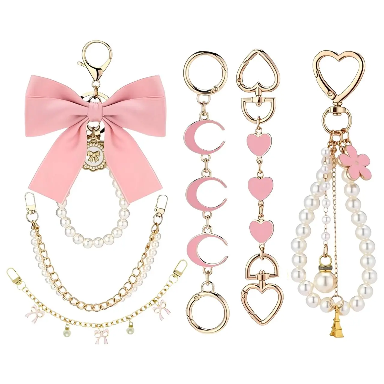 6 Pcs Cute Purse Charms, Faux Pearl Bow Bag Chain Strap Extender, Alloy Heart Keychain Accessories for Handbags & Shoulder Bags, Cute Bag Charms, Bag Chains