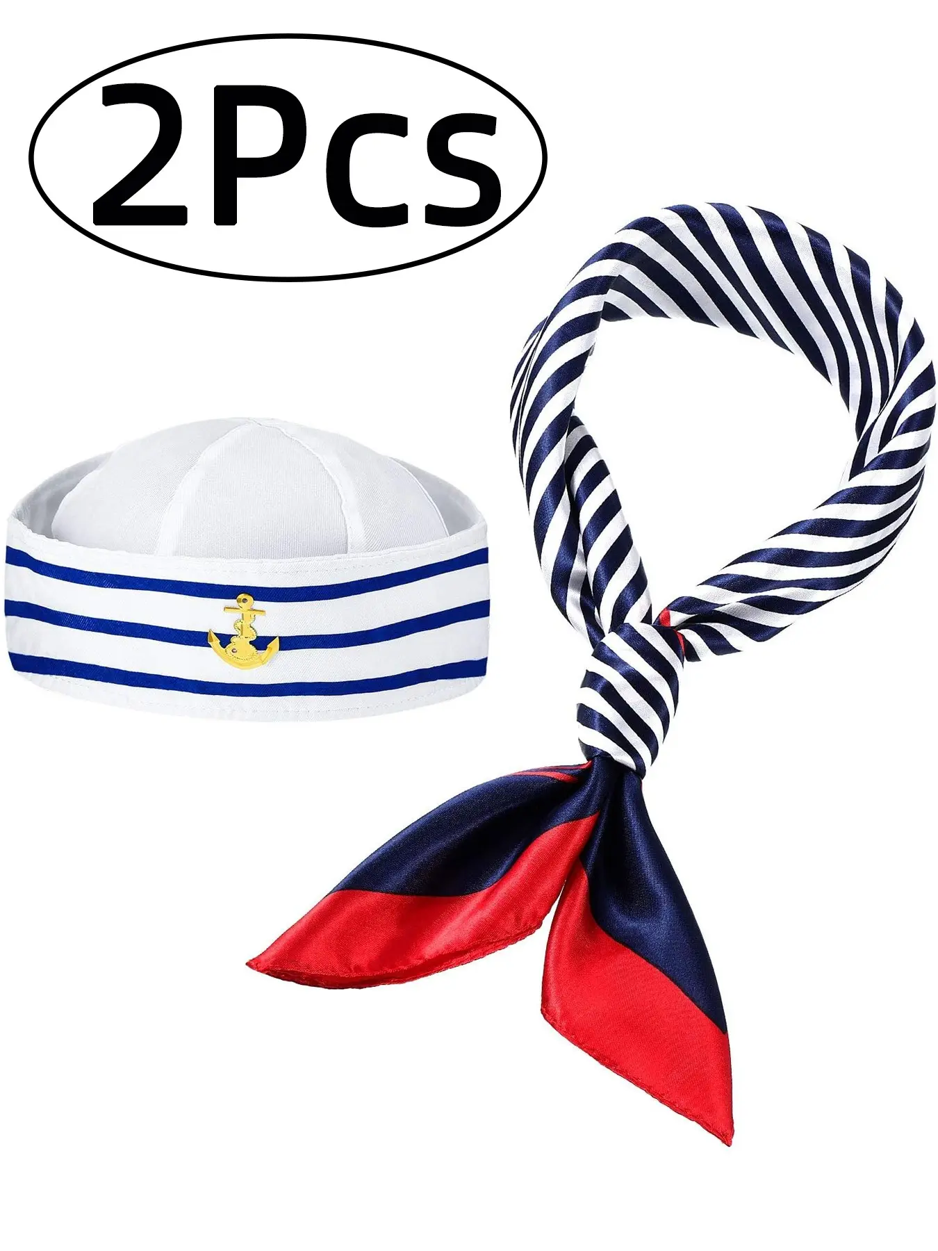 2Pcs-Sailor Hat with Anchor Design, Fitted Striped Captain Uniform Hat Perfect for Parties & Stage Performances, Classic Nautical Style Cosplay Accessory