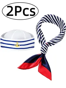 2Pcs-Sailor Hat with Anchor Design, Fitted Striped Captain Uniform Hat Perfect for Parties & Stage Performances, Nautical Style Cosplay Accessory