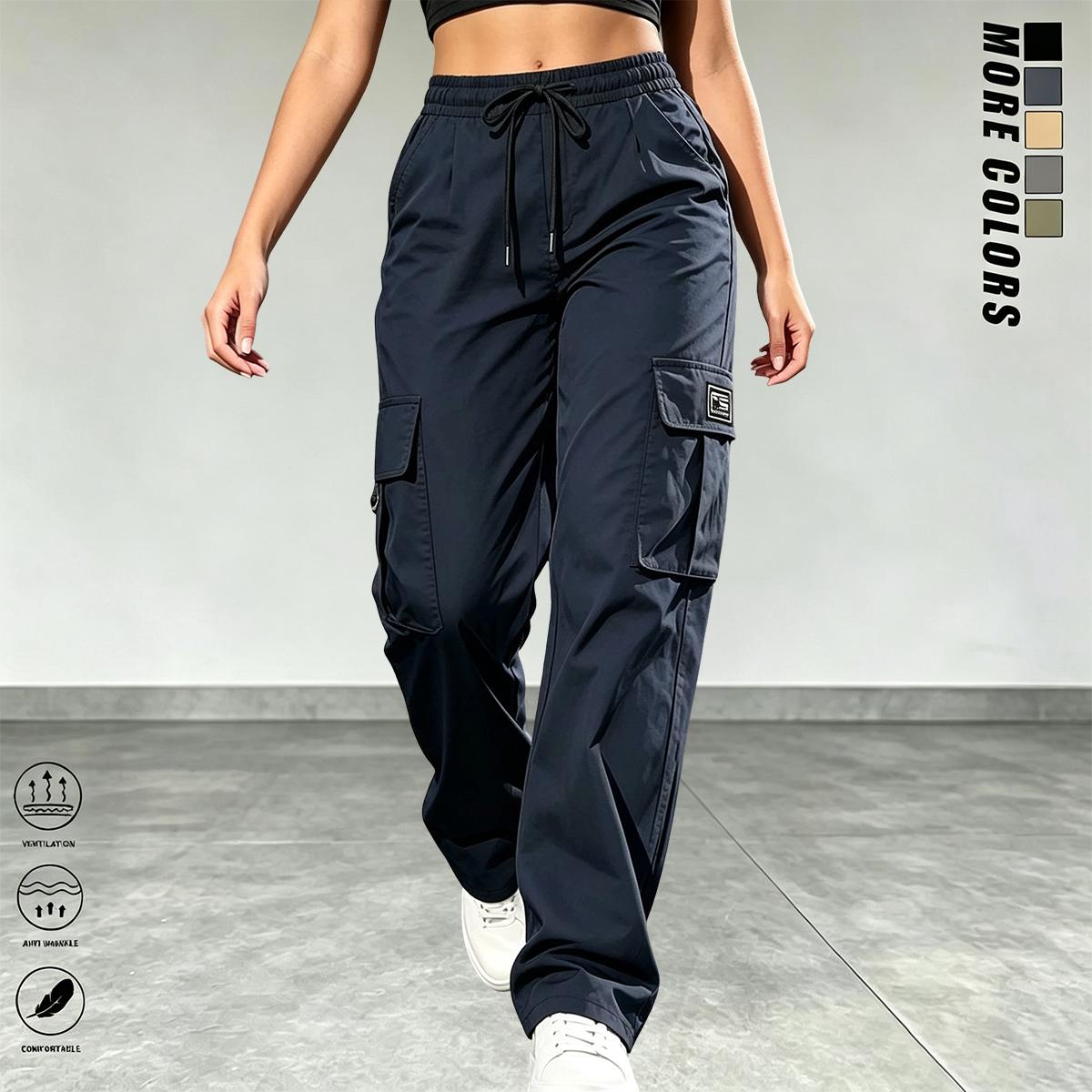 3PCS women’s cargo pants: casual, elastic waist, Bohemian minimalist basic women’s pants with pockets; suitable for summer outfits, vacations, and beachwear; sporty casual style; comfortable loose fit; casual drawstring high-waist pants; loose, comfortabl