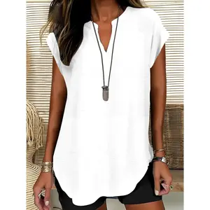 Women's Plain Notched Neck Fitted Blouse, Shirts, Casual Fashion Fitted Classy Elegant Minimalist Basic Top for Summer, Ladies Clothes for Daily Wear, Womenswear