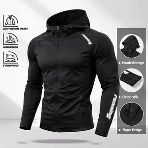 Men’s black full-zip hooded jacket with “Running” print, slim fit, highly elastic breathable fabric, stretch cuffs, stain-resistant and wear-resistant material, designed for gym training, jogging, and everyday sports casual wear.
