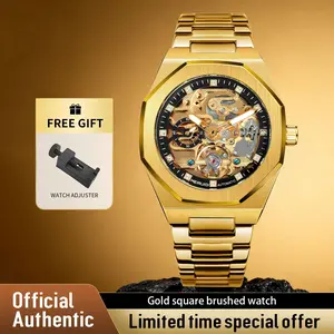 Luxury Automatic Movement Octagonal Men's High-Quality Business Watch Stainless Steel Mechanical Hollow Design Free Gift Watch Adjuster Limited Time Special Offer Gold Square Brushed