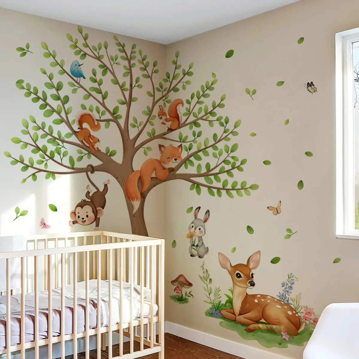 A set (30*90cm*3pcs) of large tree, squirrel, monkey, and fawn Decorative Stickers Decoration Items for decorating home, living room, entrance hall, corridor, bedroom, and bathroom background walls. Model: M13544