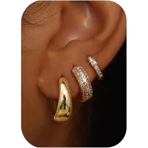 Trendy 14K Gold Plated Hypoallergenic Hoop Earrings for Women Non Tarnish Lightweight Huggie Hoops Set for Sensitive Ears 3Pairs