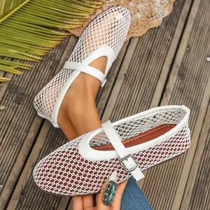 Women’s Mesh High-Top Mary Jane Shoes, Breathable Fishnet Ballet Flats with Adjustable Buckle Strap, Elastic Ankle Strap, Rubber Sole, Comfortable Slip-On Office Footwear