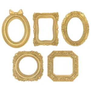 5Pcs Vintage Mini Gold Frame Set, Magnetic Refrigerator Photo Frames, Retro Small Tabletop Decor, Antique Golden Photo Holders, Aesthetic Home Ornament, Holiday Decor, DIY Photo Display Accessories For Kitchen & Room Decoration