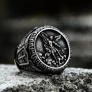 2025 New Archangel Saint Michael stainless steel men's ring handmade, suitable for men's birthday gift