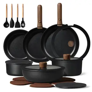 [Official]CAROTE 19/22/26pcs Pots and Pans Non Stick, Wooden Detachable Handle, Cookware Sets Induction Kitchen Pots and Pans,NonStick Cooking Set, Oven/Dishwasher/Fridge Safe, Space Saving