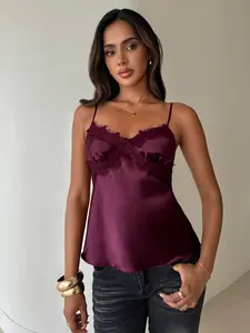Ladies' camisole, Sleeveless, satin purple lace camisole vest, thin shoulder strap, Spaghetti strap+V heart-shaped collar design, spicy girl style, light mature sexy, French retro/slim fit, suitable for casual, dating, parties, all year round wear, Tops