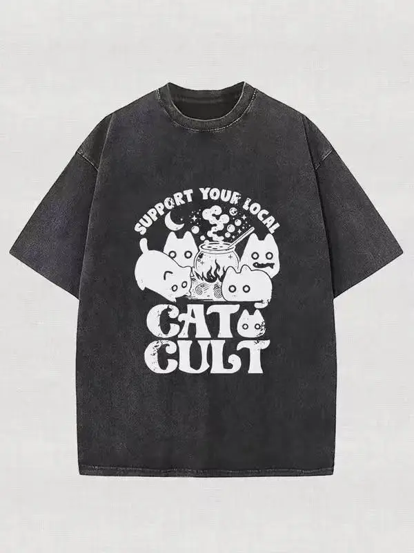 Women's White Washed Gothic Streetwear Cat Cult Short-Sleeve Graphic T-Shirt - Premium Breathable Cotton, Vintage Distressed Print, Loose Fit, Eco-Friendly High-Quality Printing, Ideal for Daily Wear & Holiday Gifts summerwins,