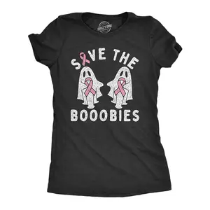 Womens Save The Booobies T Shirt Awesome Halloween Breast Cancer Awareness Ghost Tee for Ladies Funny Womens T Shirts Cute Vintage Fashion Casual Ladies T-Shirt Gift Halloween Tops for Women Funny Motivational Black -