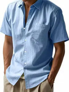 Men's Solid Color Linen Shirt, Regular Fit Casual Chic Minimalist Short Sleeve Collared Top for Summer, Men's Clothes for Daily Wear, Tropical