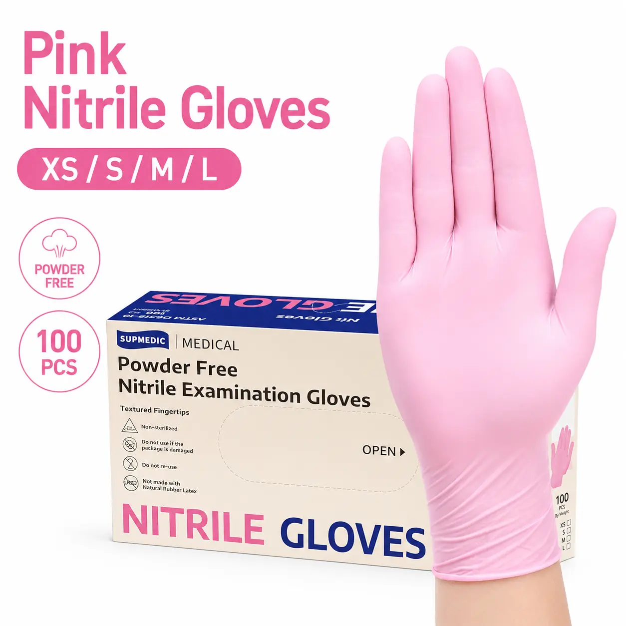 Pink Nitrile 100PCS Powder-Free Latex-Free Disposable Gloves for Home Kitchen Cleaning, Food Handling & General Use - Rubber Smooth Pink Design Fingure Textured Fingertip Sensation
