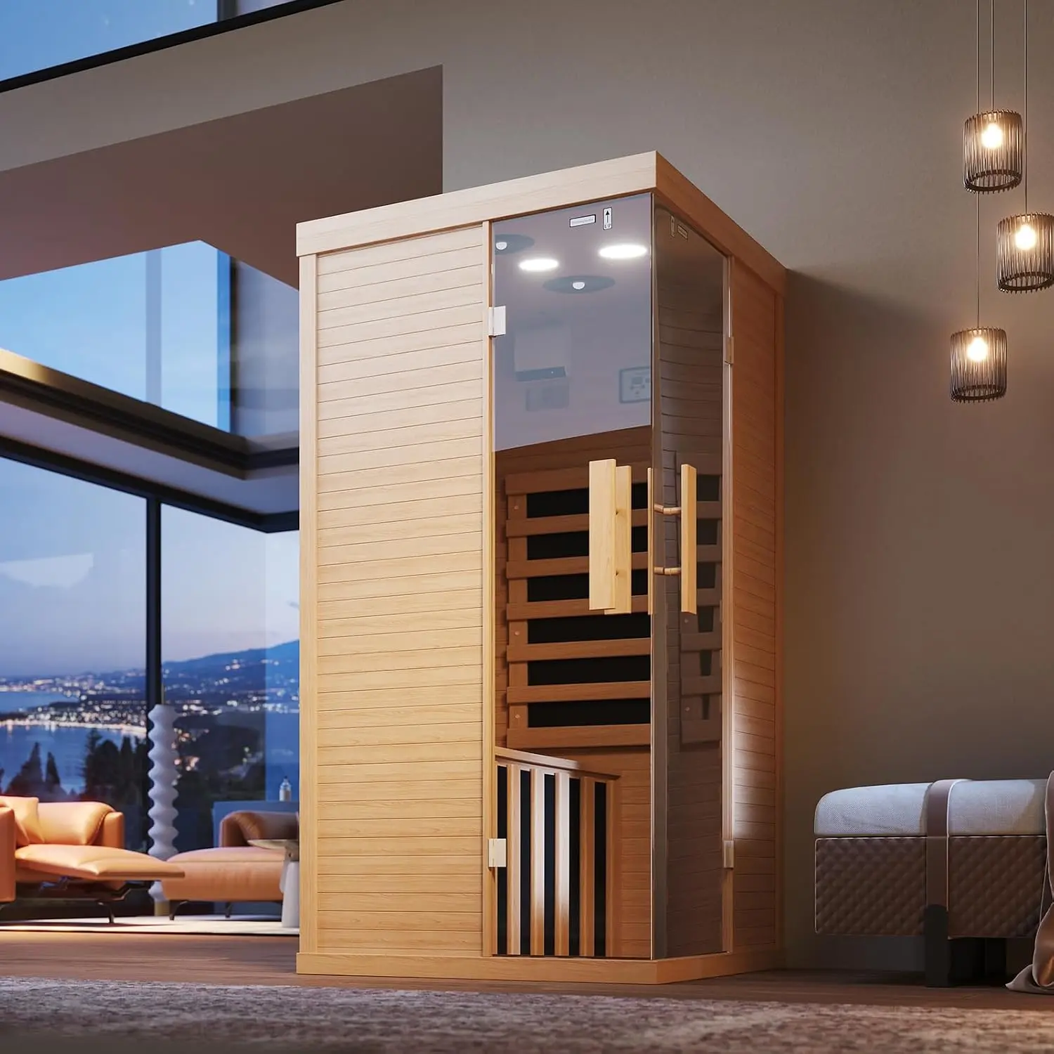 Aoxun Wooden Infrared Saunas, 1 Person Traditonal RedLight Sauna, Indoor Home Sauna with Control Panel,10Chromotherapy, Bluetooth Speakers, Low EMF for House &Gym, 33.4*33.4*70 inch