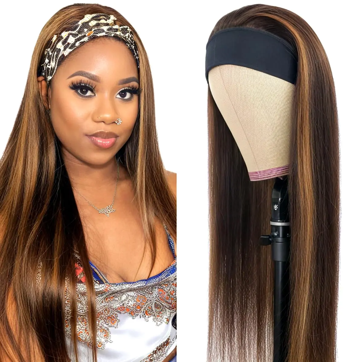 Summervibes Highlight Ombre 4/27 Headband Wig Synthetic Hair Straight Headband Wigs for Women None Lace Front Synthetic Hair Wigs  Hair 150% Density 24 Inch Honey Blonde Wig