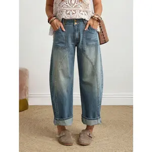 Women's Loose Fit Denim Jeans, Fashion For Summer Denim Pants with Pockets Streetwear Outfits