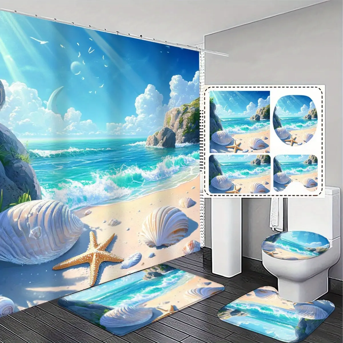 4pcs, Nautical Beach Theme Bathroom Set - 2D FLAT Shower Curtain, Non-Slip Absorbent Rugs, and Toilet Lid Cover Exquisite and Practical Home Decoration Gift., 2D Flat,family