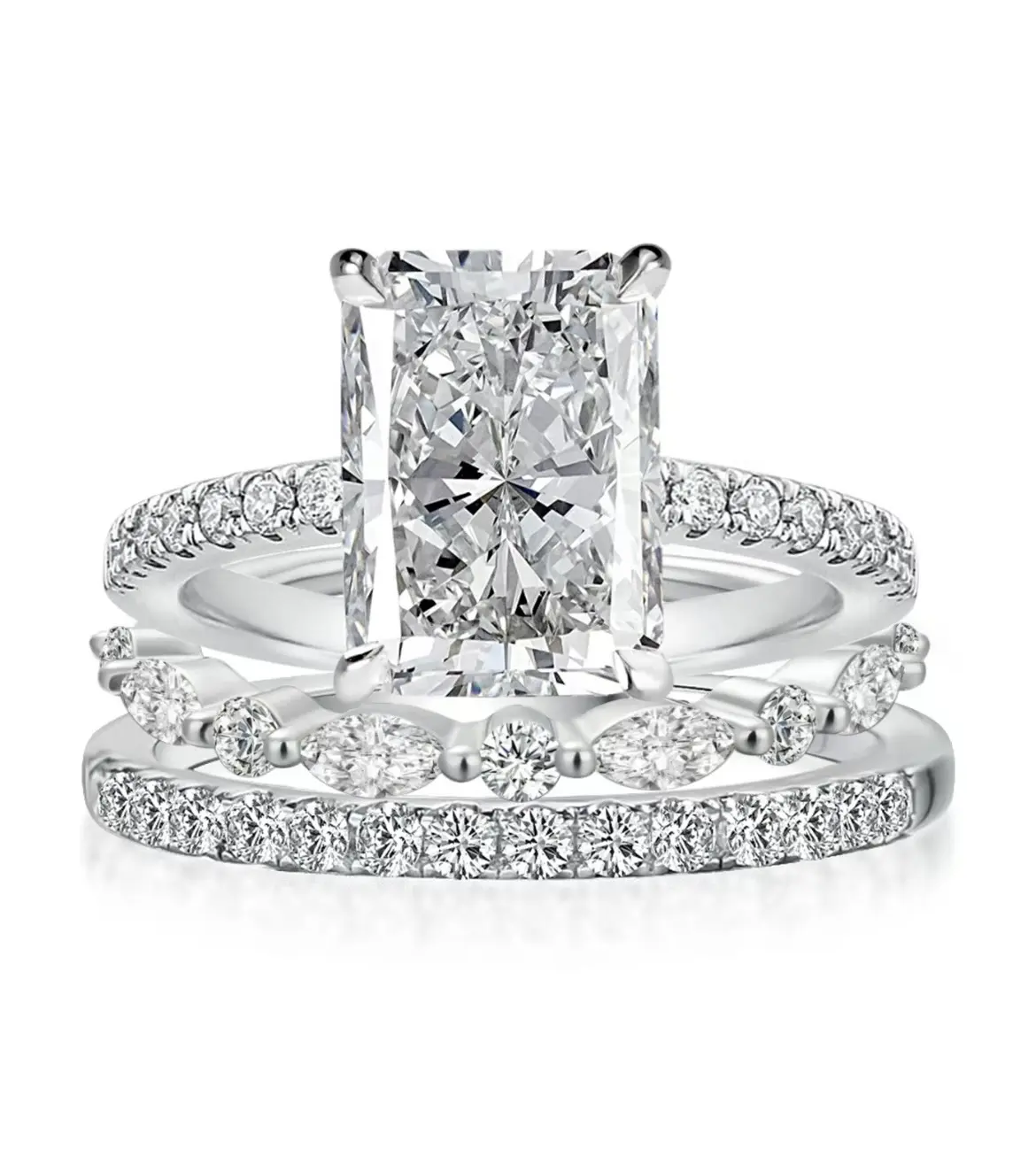 Women's 4.5 CT Radiant Cut CZ Ring, 3-Piece White Gold Plated Stackable Engagement Wedding Set for a Layered Jewelry Stack, Combined Setting, Layered Look, Beautiful Rings, Nickel-Free Alloy