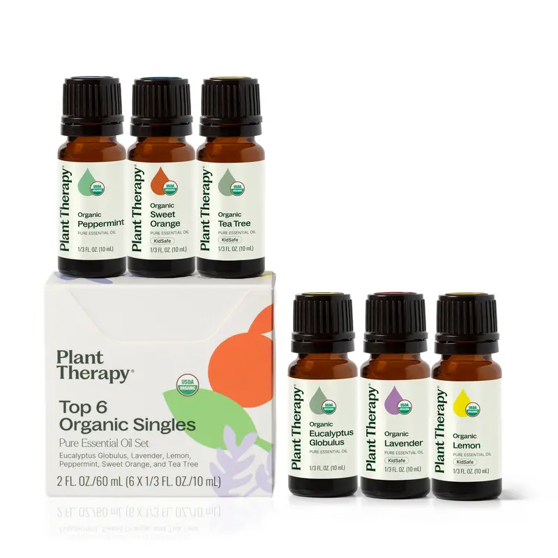 Top 6 Organic Singles Essential Oil Set- Lavender, Peppermint, Eucalyptus, Lemon, Tea Tree, Natural Aromatherapy, for Diffusion & Topical Use, Therapeutic Grade 10 mL