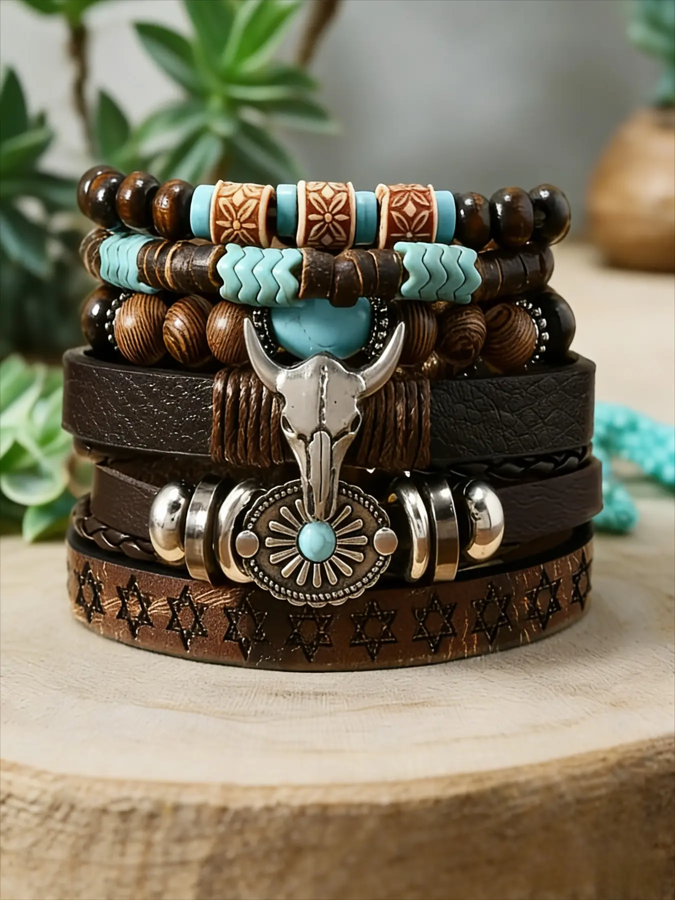6-Piece Brown Classic Bull's Head Sunflower Bracelet Bundle Set, stackable and adjustable, Perfect for parties, Western-themed events, music festivals, the ideal gift for friends, Stackable Bracelets, Bracelets Stacking