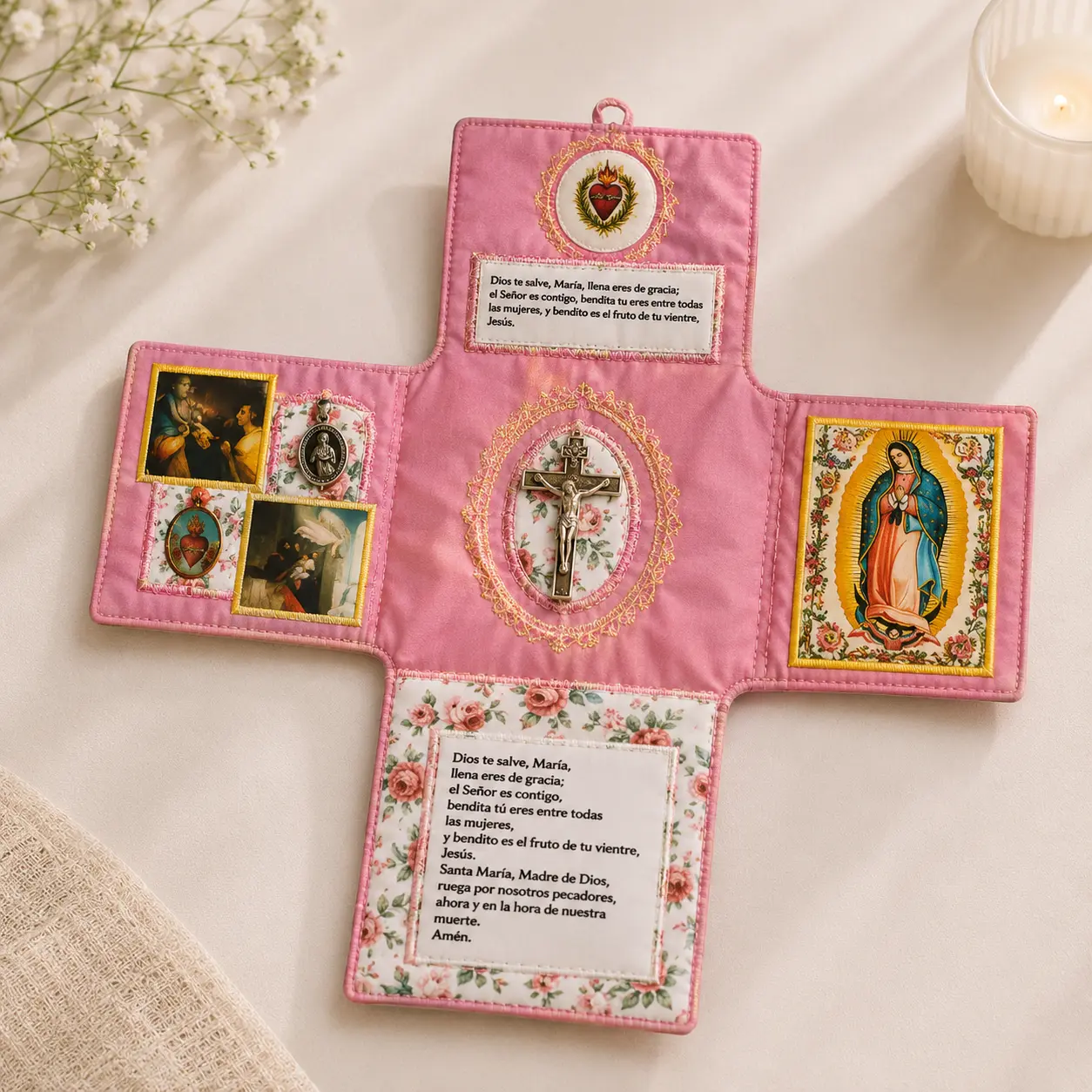 Handmade Catholic Religious Supplies Pocket Set - Virgin Mary Cross, Sacred Heart, English Prayer Card, Linen Mini Gift Bag for Home Spiritual Decor, Indoor Home Supplies, Party Gifts