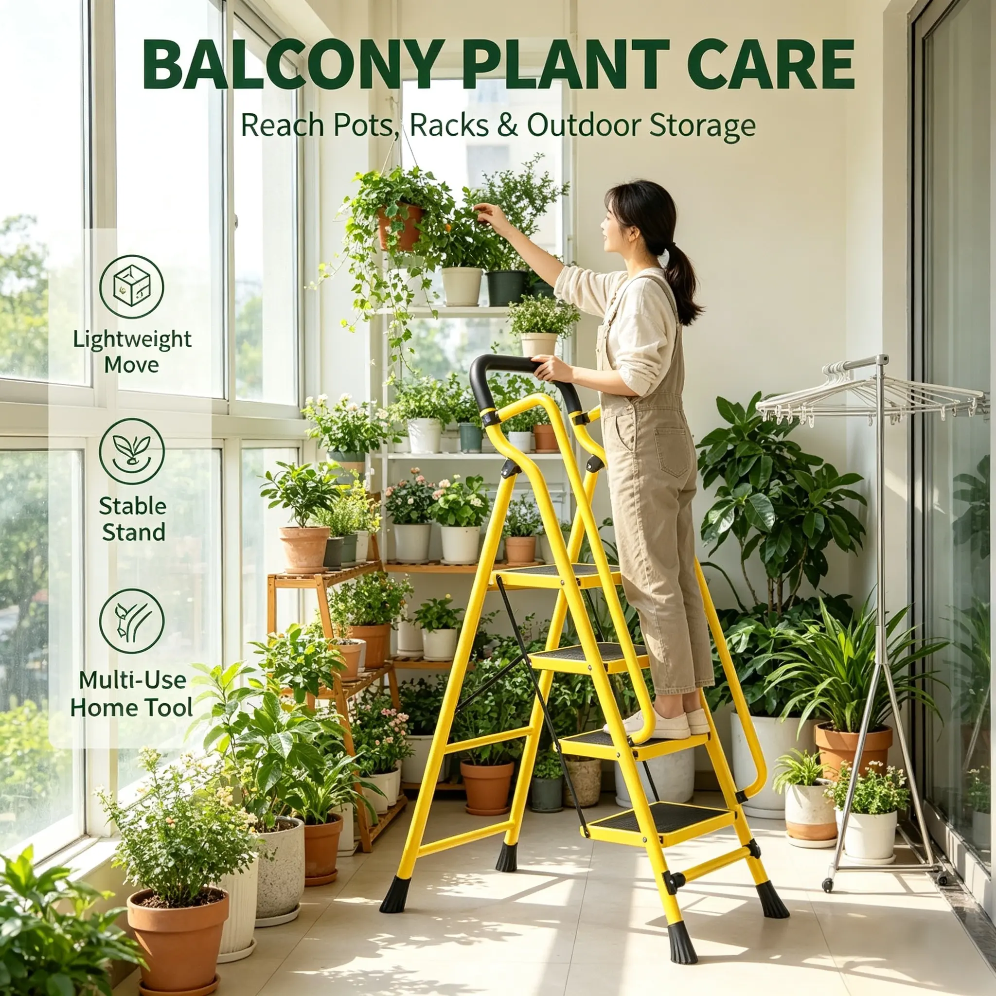 Portable 4-Step Folding Ladder with Handrails - Steel Frame Portable Collapsible Ladder, 500 lbs Capacity, Anti-Slip Wide Pedals, Comfortable and Secure Grip, Compact Folding for Easy Storage, 73.5" H × 20.5" W × 4.7" D, Indoor Home Office Use