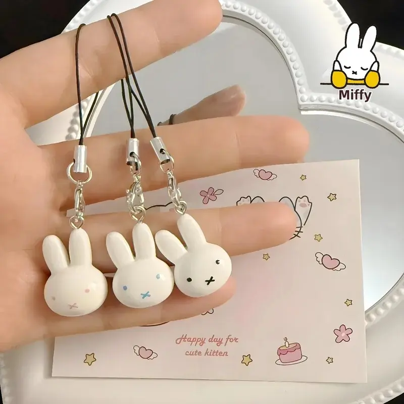 Cute Miffy Rabbit Keychain, soft cartoon pendant, with a cream-colored bell, sweet girly bag accessory, fashionable accessory, trendy gift for girlfriends