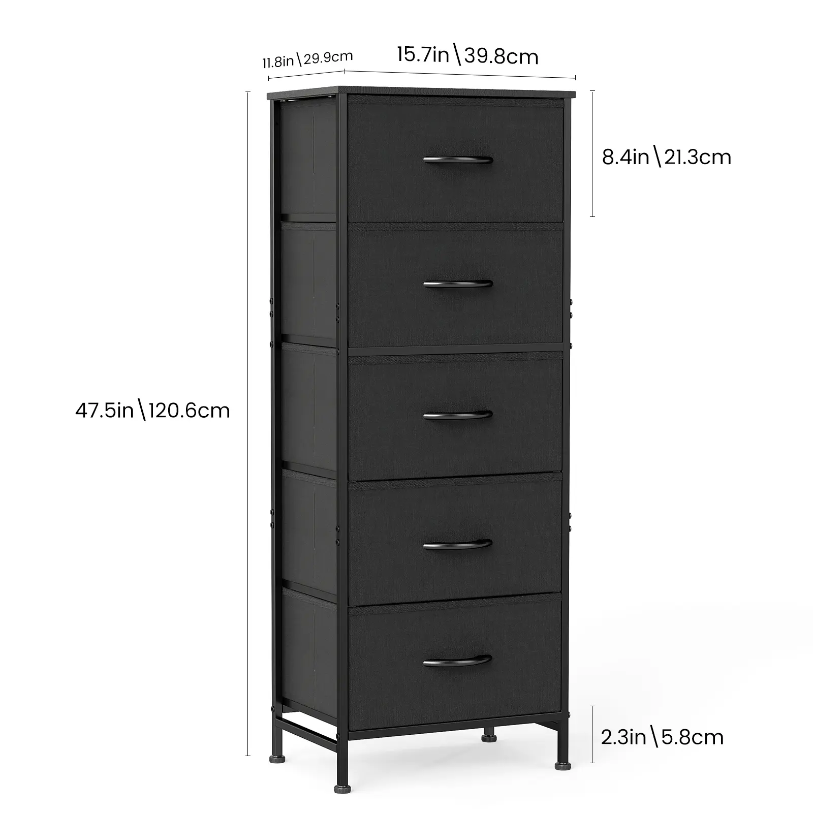 5-Tier Vertical Fabric Drawer Dresser, Tall Narrow Storage Organizer with Sturdy Black Steel Frame, Solid Wood Top & Soft Non-Woven Fabric Drawers, Compact Freestanding Chest of Drawers for Bedroom, Closet, Living Room & Small Space Clothes Storage