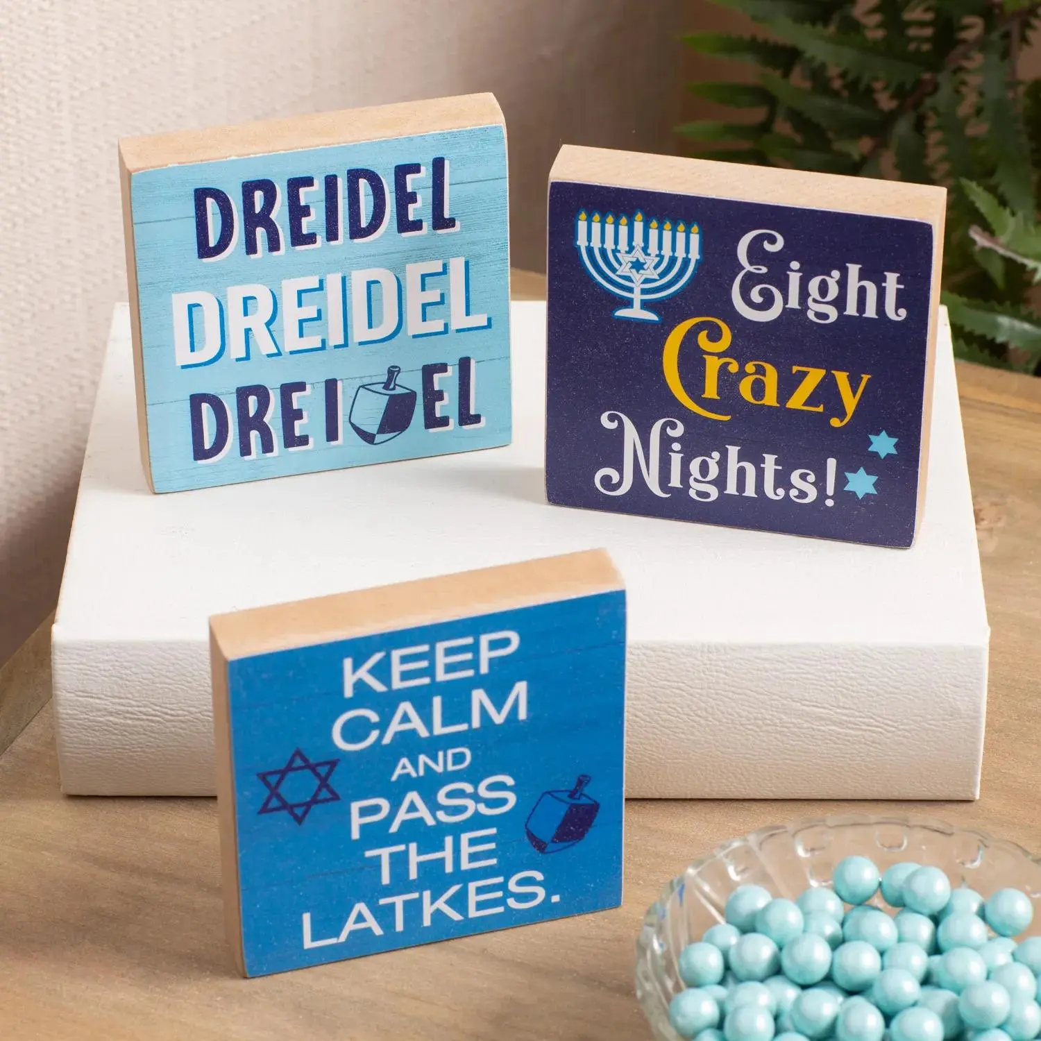 4" x 4" Wooden Text-Based Hanukkah Tabletop Sign Set - 3-Pc Square Holiday Decor, Home & Party Supplies, Irreverent Gift for Teacher & Co-Worker