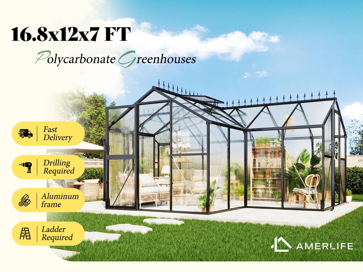 [Ships in 4 Boxes][Spring Sale] AMERLIFE Greenhouse for Outdoors, Quick-Lock Assembly, Aluminum Frame with 2 Vents, Doors, and Walk-in Design for Garden or Backyard