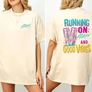 Running On Alani Nu And Good Vibes Cotton Candy T-shirt – Cozy Alani Nu New Version Drink Lover Available In All Sizes Graphic Tee, Unisex Womenswear Menswear Daily Top Soft Cotton Unisex Sports Shirt Vintage