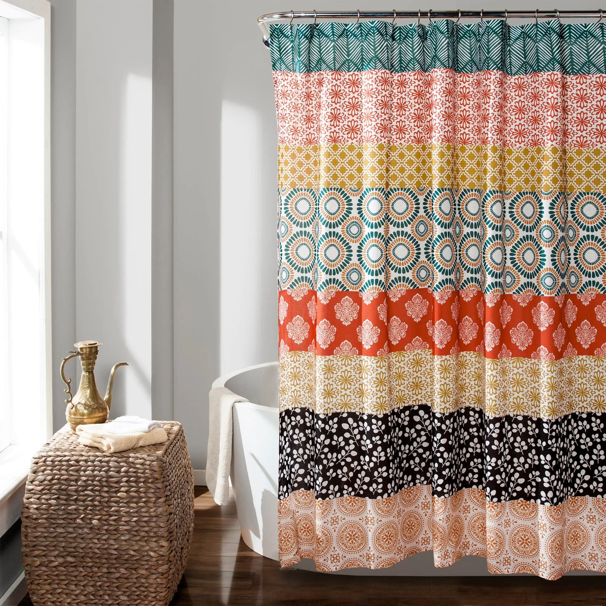 Lush Decor Boho Rainbow Look Shower Curtain - Vivid Stripe Art, Flowers Print, Polyester Fabric, Non-Chlorine Bleach Safe Bathroom Home Supply