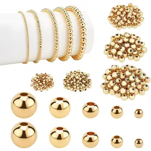 14K  Plated Spacer Beads, 300 count Round Brass Beads 5 Size Metal Smooth Beads Seamless Ball Beads Long-lasting Little Beads for Summer Bracelet Necklace  DIY Crafts(2/3/4/5/6mm)