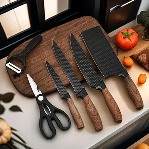 Six-piece kitchen knife set in a gift box, laser non-stick blade, long-lasting sharpness, ergonomic wooden handle, chef's essential fruit knife, meat cleaver, bottle opener and paring scissors, suitable for processing various ingredients.