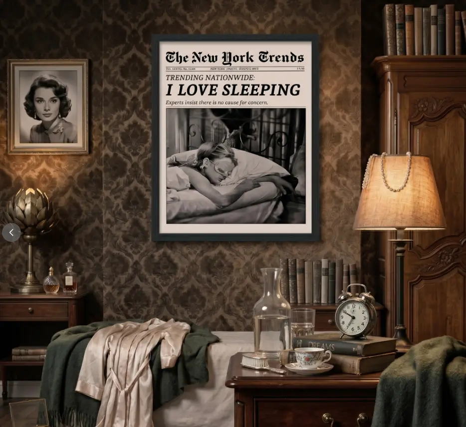 "Audrey Hepburn 'I Love Sleeping' Canvas Wall Art - Funny Newspaper Aesthetic Poster, Retro Girl Print for Girly Bedroom, College Dorm Home Decor"