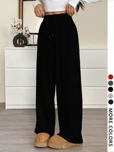 Women's Casual Loose-Fit Drawstring Wide Leg Pants, Solid Color Long Sweatpants for All Seasons, Comfortable Ladies' Fashion Bottoms