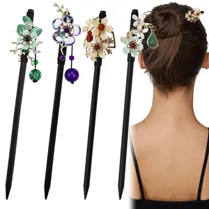 4 PACK Japanese Chinese Wooden Hair Stick, Hairpin with 4 Different Flower Styles, Retro Wooden Hair Accessories for Women Girls