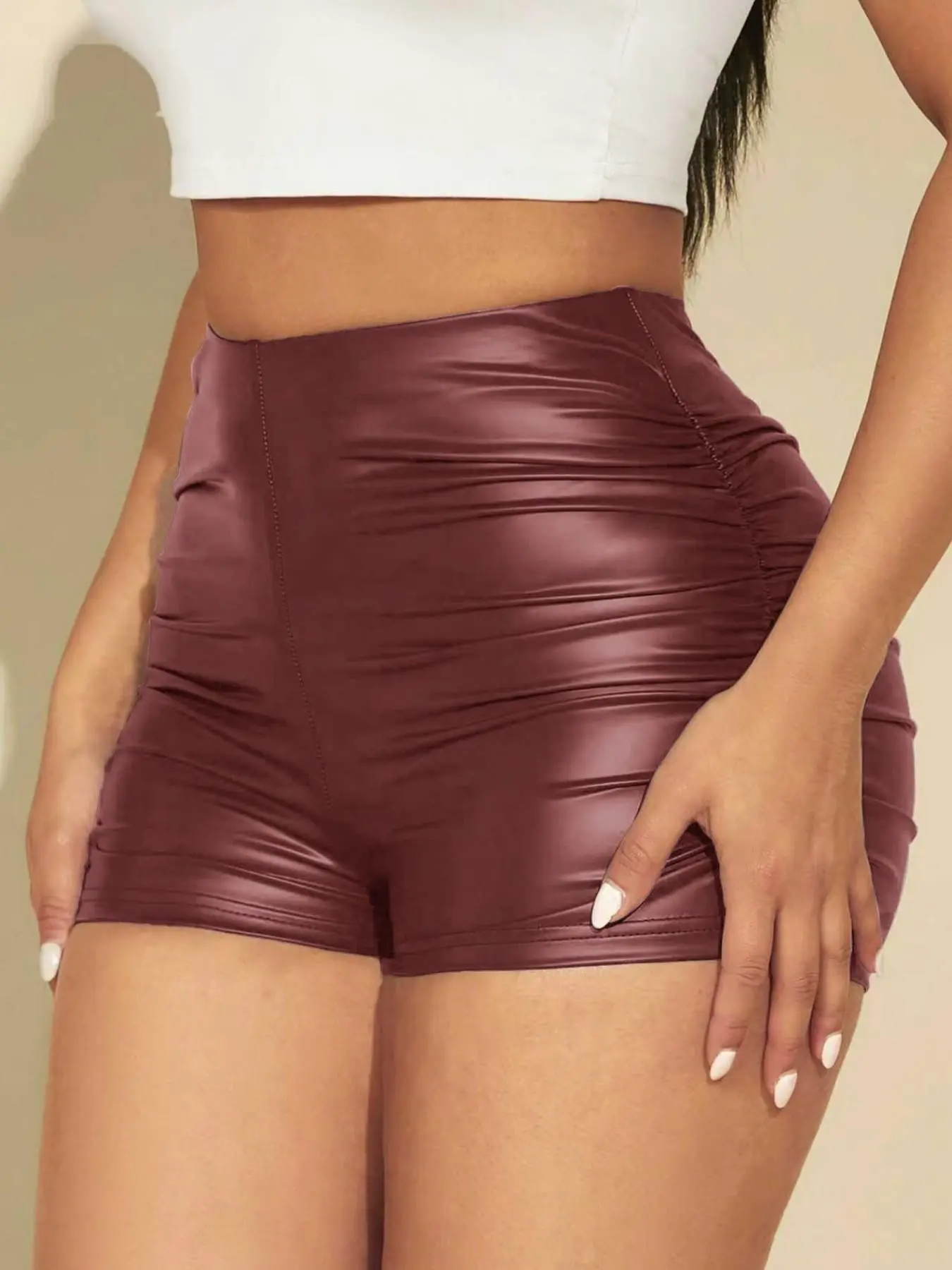 High-Waisted Ruched PU Leather Shorts, Chic Shorts, Elastic Waist Shorts, Fit, Trendy Streetwear Style, Womenswear, Perfect for Casual, Everyday, Comfortable and Stylish Women's Clothing, Casual Fashion Bottoms
