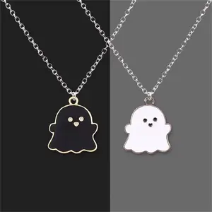 Black & White Ghost Chain & Link Necklace Set - 2-Piece Edgy Pendant, Halloween Gift for Best Friends, Student Back-to-School Fashion Costume Jewelry Accessory