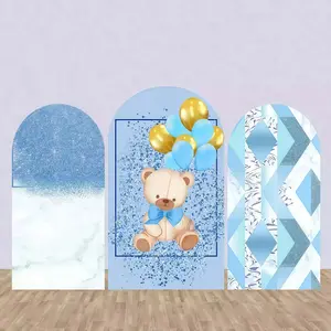 Blue Glitter Bokeh Balloons Bear Boys Arch Covers Stretchy Backdrop, Teddy Bear Balloon Baby Shower Design, Perfect for Newborn 1st Birthday Party Photo Backdrop