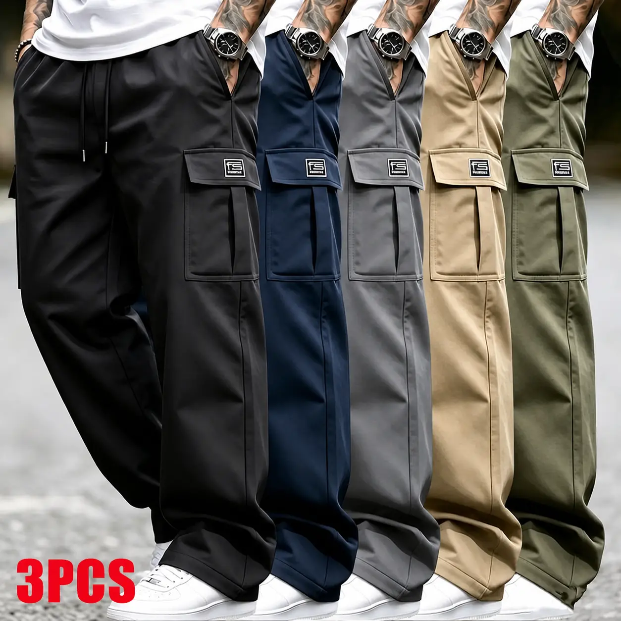 3-pack men’s cargo pants, solid-color work trousers, durable outdoor training pants, available in multiple colors—ideal for outdoor activities, work, hiking, and camping
